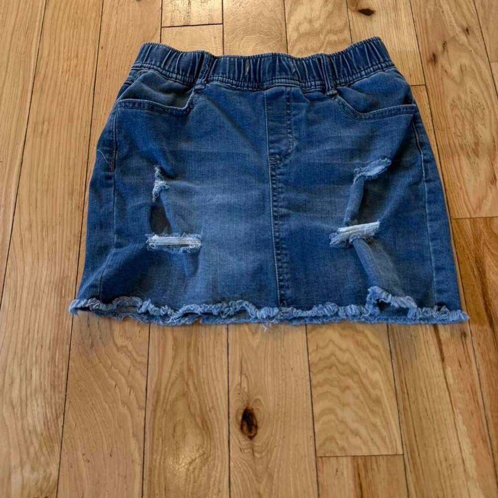 C'est Toi Distressed Denim Mini Skirt Size Small Elastic Waist Raw Hem
